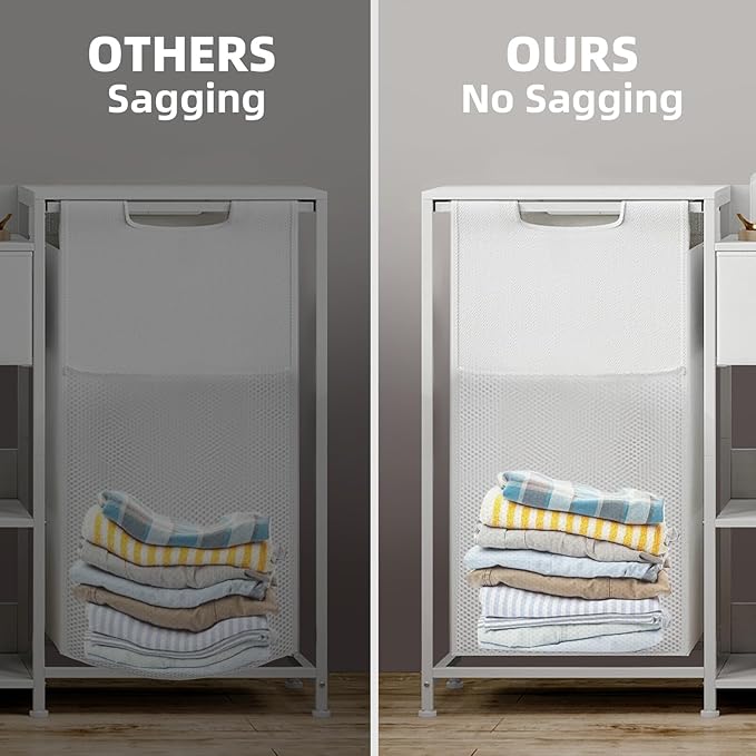Somdot Laundry Hamper with Fabric Drawer and Shelves, Laundry Basket Sorter with 15.8 Gallons (60L) Pull-Out and Removable Bag, White Leather