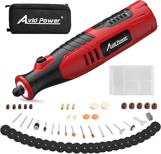AVID POWER Cordless Rotary Tool 2.0 Ah 8V Rechargeable Rotary Tool, 4 Front LED Lights, 5 Speeds, 60 Pcs Rotary Accessories with Bag for Carving, Engraving, Sanding, Polishing and Cutting - Red