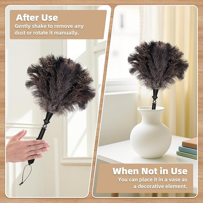 Extendable Ostrich Feather Duster with 17-42 inch Rotatable Aluminum Alloy Pole, Natural Fluffy Reusable Feather Duster for Cleaning High Ceilings, Pendant Lamps, Blinds, Furniture and Roof