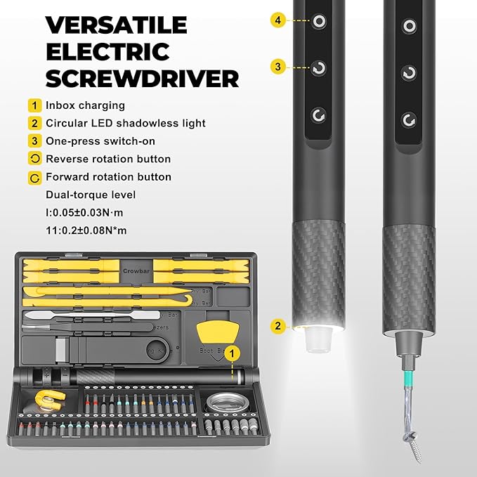 Electric Screwdriver Set, 71-in-1 Cordless Precision Screwdriver with LED Light, 5 Torque Settings (Max 0.6 N·m), 42 Magnetic Bits, Repair Tool Kit for Laptop, Phone (Elec-71 in 1)