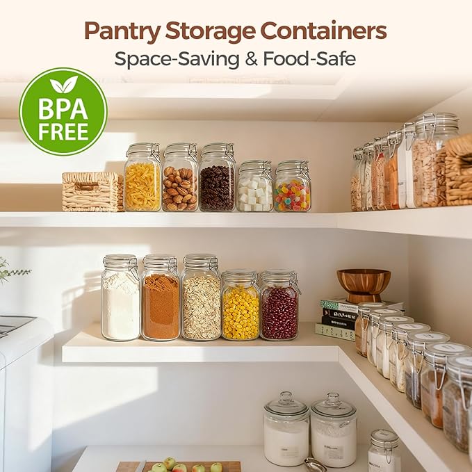 ComSaf 3-Pack Square Glass Coffee Canisters for 1lb Bean Bags, 34oz Airtight Jars with Clamp Lids for Tea, Sugar & Flour, Space-Saving Pantry Organization for Small Apartments & Coffee Station