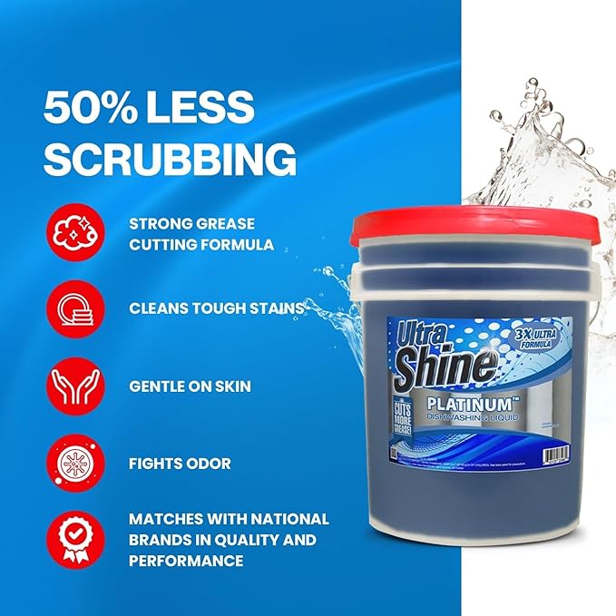 Ultra Shine 3X Platinum Bulk Dishwashing Liquid, Powerful Grease Remover, 5-Gallon - Concentrated Dish Cleaner Soap for Commercial Kitchens, Restaurants & Home Cleaning, Gentle on Hands & Skin