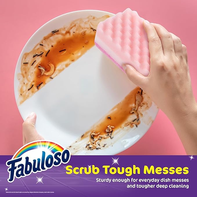 Fabuloso Scratch-Free Kitchen Dish Sponges, Rainbow Cellulose Scrubber Sponge with Scouring Pad for Dishes, Pots, Pans, Counters and Sinks, Tough on Messes, 4.25 x 2.75 x 1.25 in, 6 Count - 2 Pack