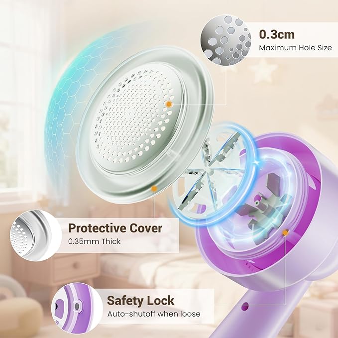 DBC Fabric Shaver & Lint Remover for Clothes, Sweaters & Furniture - 6-Leaf Blade, 3 Speeds, 2H Runtime, Portable Design Perfect for Travel, Includes 2 Extra Blades - Purple