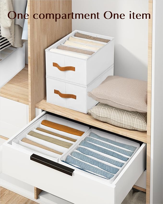 Homsorout Clothes Organizers and Storage - 4/5/7 Grids Fabric Jeans Organizer with Handles, Foldable Closet Organizers Dividers, Wardrobe organizer for Pant, Sweater, T-shirt, Scarf, 3 Pack, White