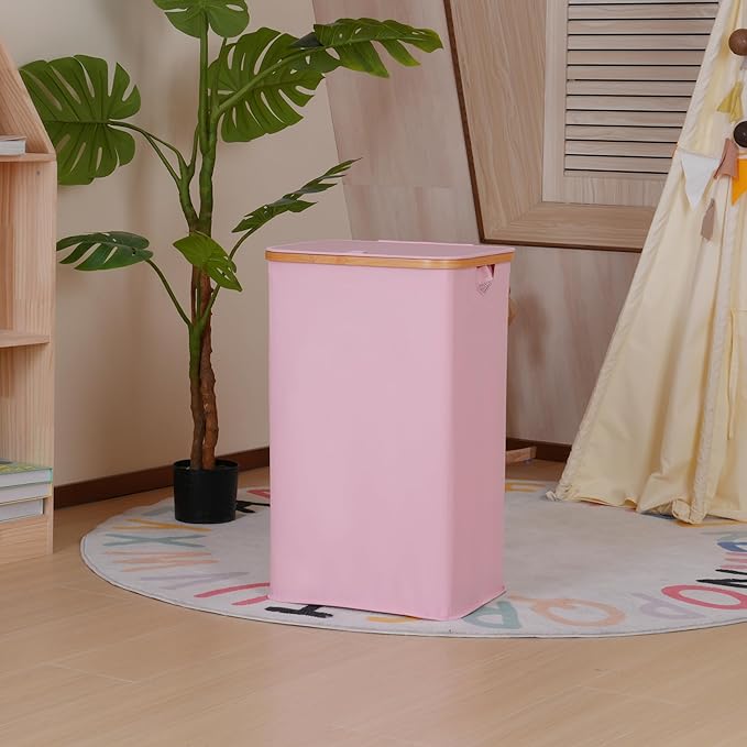 iEGrow Laundry Hamper with Lid, 110L Large Laundry Basket with Handle and Lid, Collapsible Clothes Basket Organizer with Removable Inner Bag for Clothes Toys Towels,Pink