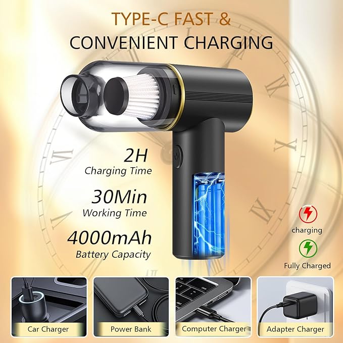 JONEME Portable Car Vacuum Cleaner High Power 12000PA,6 in 1 Hand Held Vacuum Cordless Rechargeable Air Blower & Pump & Air Duster,Small Mini Handheld Vacuum for Car,Home,Office,Pet Hair（Black