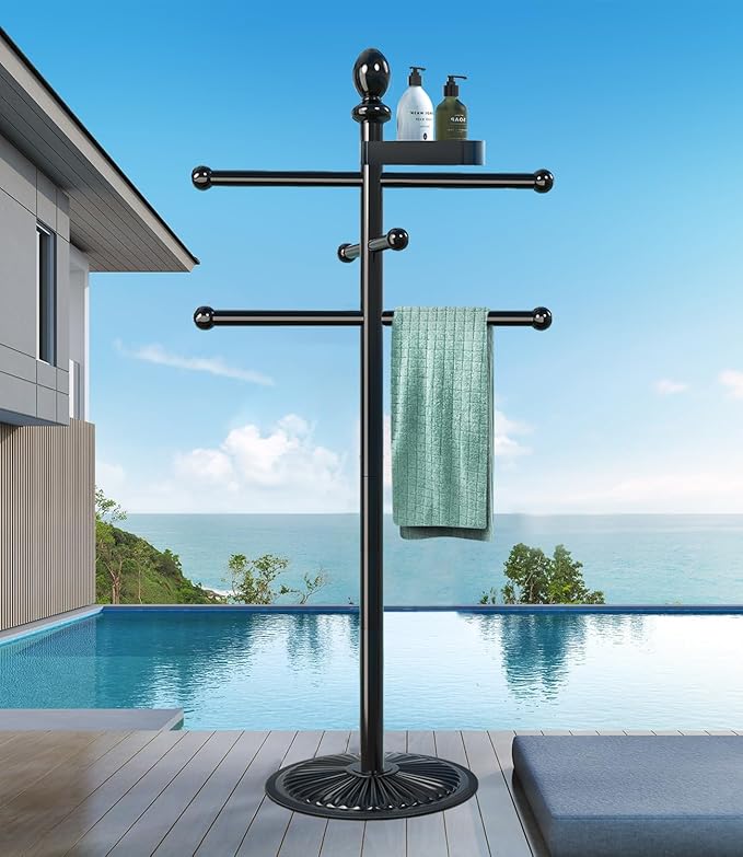 Pool Outdoor Towel Rack, 6 Bars with Top Tray Metal Heavy Duty Pool Accessories with Heavy Metal Base, Hot Tub Accessories Towel Dying Rack Towel Stand for Pool, Hot Tub etc