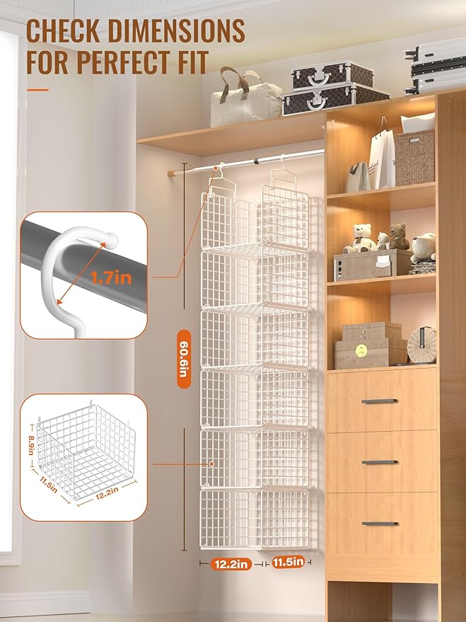 6 Tier Closet Hanging Organizer, Metal Closet Organizers and Storage with 4 Hanging Hooks 4 S-Hooks for Wardrobe Laundry Room, Wire Storage Shelf for Clothes Sweaters Pants (White)