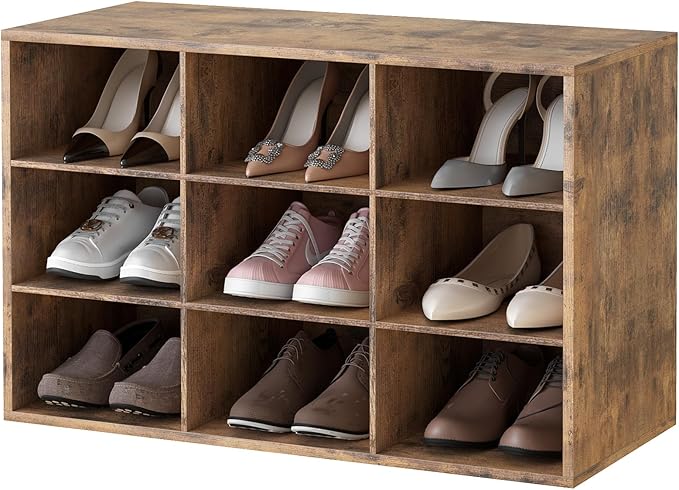 Garden 4 you Shoe Storage Bench, Cubby Shoe Rack with 9 Cubbies, 3-Tier Wood Shoe Rack Organizer, Shoe Organizer Cabinet for Entryway, Hallway, Closet and Garage, Brown