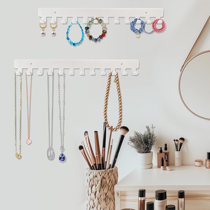 2 Pack Necklace Holder - Hanging Jewelry Organizer, Self-Adhesive, Wall Mount (White)
