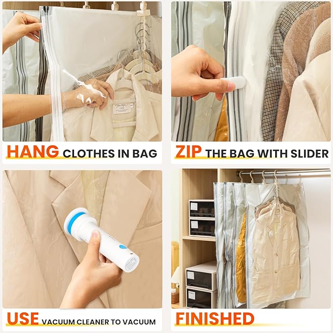 Hanging Vacuum Storage Bags with Electric Pump – 6 Pack (3 Long, 3 Short) Hanging Vacuum Seal Bags for Clothing, Closet Organizer Space Saver for Suits, Jackets & Coats