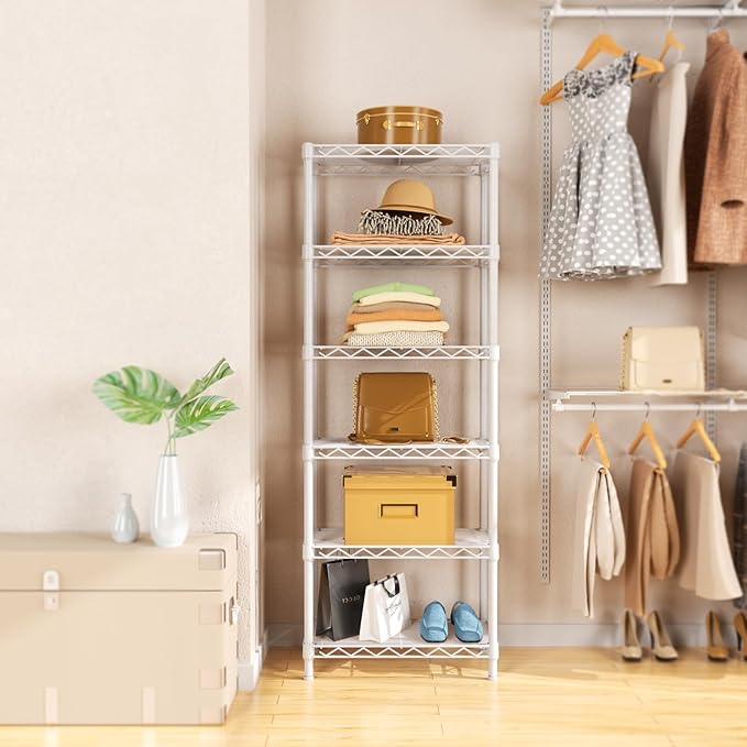 Golpart Small 6 tire Shelves Storage Wire Shelving Unit Metal Shelf Adjustable Organizers Storage Shelving for Bathroom Laundry Room Kitchen Pantry10”D x 16”W x 60”H White