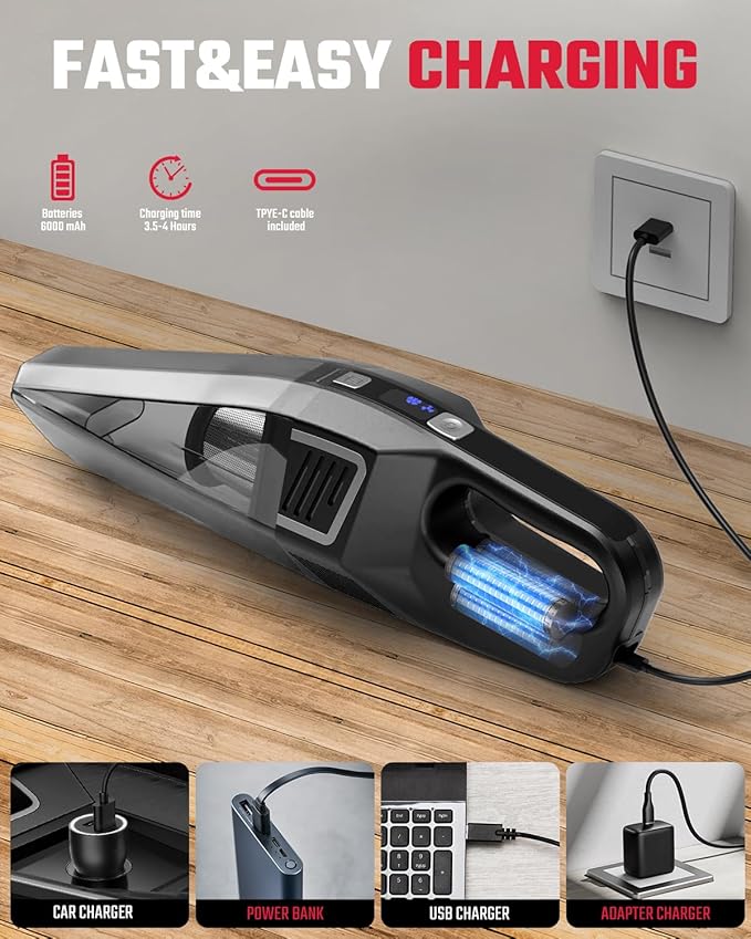 Handheld Vacuum Cordless, 9000PA Strong Suction, 2 Suction Modes, Fast Type-C Charging, Lightweight, Portable Car Vacuum Cleaner for Home Pet Office