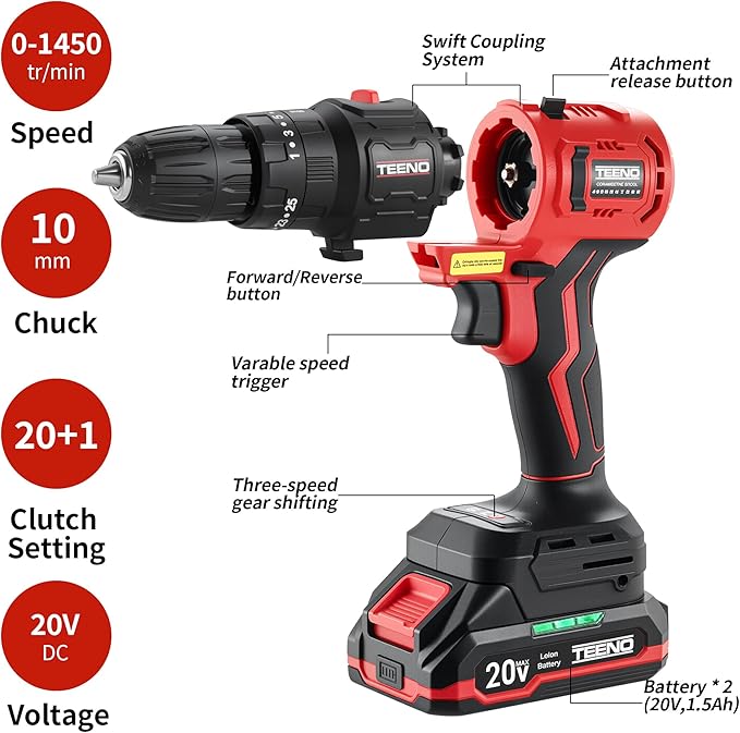 TEENO 20V Cordless Drill and Impact Driver, Brushless Power Tool Combo Kit Included 3/8'' Drill & 1/4'' Impact Driver, 2x 1.5Ah Batteries, Fast Charger, 19 pcs Driver Bit Set & Bag