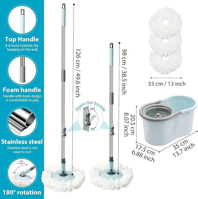 Spin Mop and Bucket with Wringer Set, 360° Spinning Mop Bucket System with 3 Microfiber Mop Replacement Heads and 50" Stainless Steel Adjustable Handle for Floor Cleaning