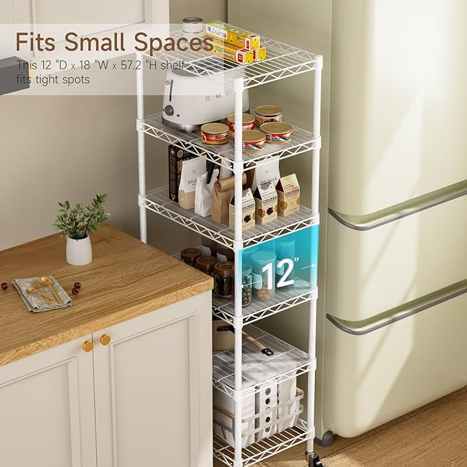 Golpart Small 6 Tier Shelf Storage Wire Shelving Unit Metal Shelves Adjustable Organizers Storage Shelving with Wheels for Bathroom Laundry Room Kitchen Pantry12”D x 18”W x 61.6”H White