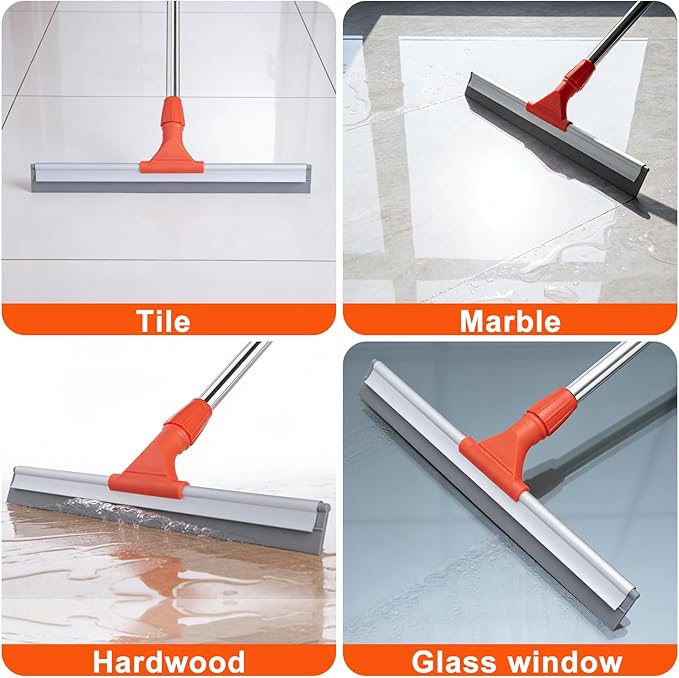 BITOPE Floor Squeegee for Cleaning, 17.3" Heavy-Duty Squeegee for Floor, Silicone Scrubber Broom with 5 Ft Stainsless Steel Long Handle for Bathroom, Glass Windows, Tile, Garage, Deck