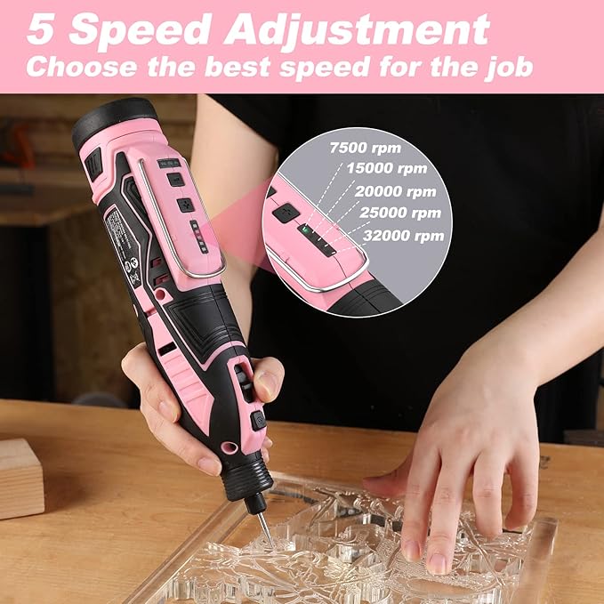 WORKPRO Pink 12V Cordless Rotary Tool Kit, 5 Variable Speeds, Powerful Engraver, Sander, Polisher, 114 Easy Change Accessories, Craft Tool for Handmade and DIY - Pink Ribbon