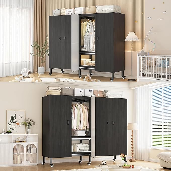 Heavy Duty Covered Clothes Rack with Magnetic Door Foldable Portable Wardrobe Closet for Hanging Clothing Rolling Black Metal Garment Rack on Wheels Closet System (Black, 70.89in)