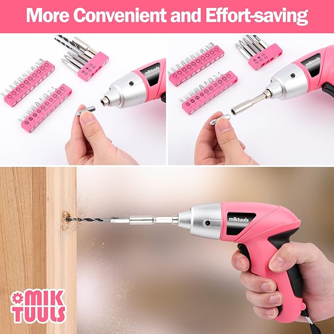 Electric Screwdriver Tool Set 112PCS, Home Tool Kit with 3.6V Small Power Cordless Screwdriver for Women, Pink