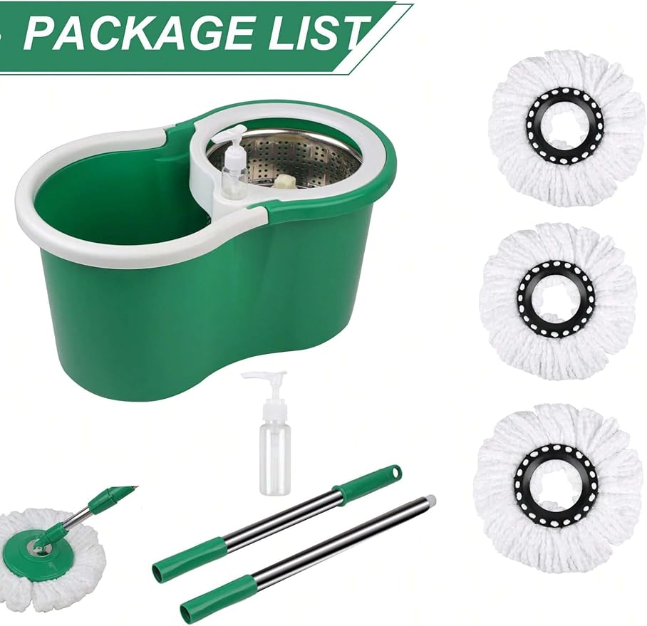 Spin Mop and Bucket with Wringer Set, 360° Spinning Mop Bucket System with 3 Microfiber Mop Replacement Heads, Adjustable Handle for Floor Cleaning (Green)
