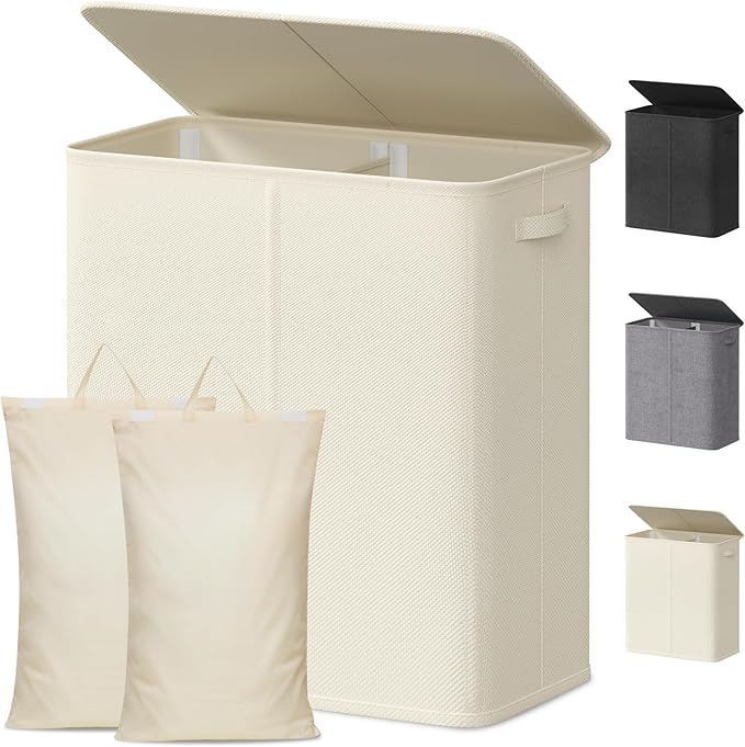 Lifewit Double Laundry Hamper with Lid and Removable Laundry Bags, Large Collapsible 2 Dividers Dirty Clothes Basket with Handles for Bedroom, Laundry Room, Closet, Bathroom, College, 145L White
