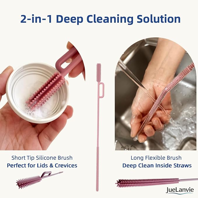 2-in-1 Dual-Head Straw Brush, Silicone Cleaning Brush for Straws & Lid Gaps, Long Flexible for Tumblers & Bottles, Non-Slip Handle, No-Scratch, 2 Pack (6mm & 9mm), Durable & Reusable (Blush Pink)