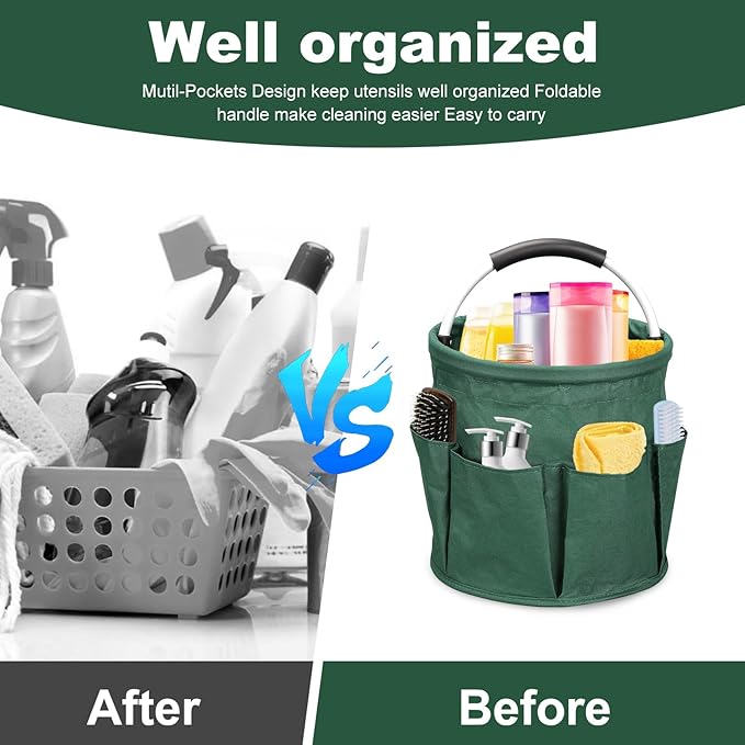 Qivine 17L Cleaning Caddy with Handle, Cleaning Supply Caddy, Foldable Tool Bag Cleaning Products Organizer, Portable Cleaning Bucket Caddy for Cleaning Supplies (Green)