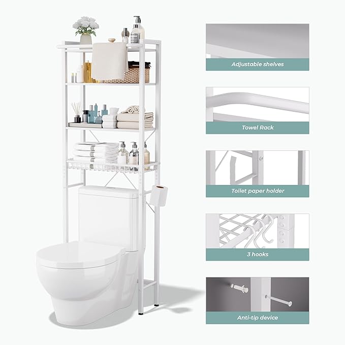 GRUSIGN Over-The-Toilet Storage Shelf, 4-Tier Bathroom Organizer Shelf, Freestanding Space Saver Shelves Over Toilet with Adjustable Shelf for Bathroom, White