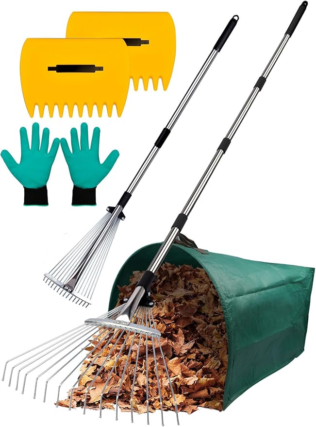 Adjustable Metal Leaf Rake Set Garden Rake for Leaves Long Handle 37"-63" Expandable Head Gardening Tools Set Includes 44 Gallon Bag & Scoop & Gloves Rakes for Lawns Heavy Duty for Yard Lawn Garden