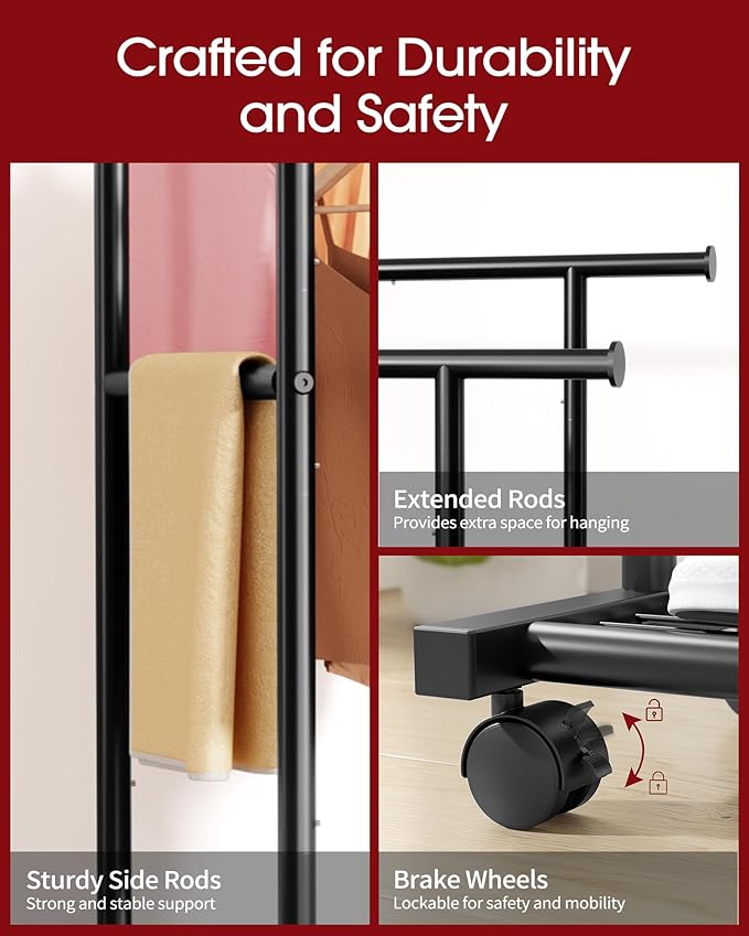 Sakugi Metal Clothes Rack - Double Rod Clothing Rack with Fixed Design and Rolling Wheels, Coat Rack with Built-In Shelf for Closet Organizers and Storage (38.5" x 16.9" x 59.0", Black)