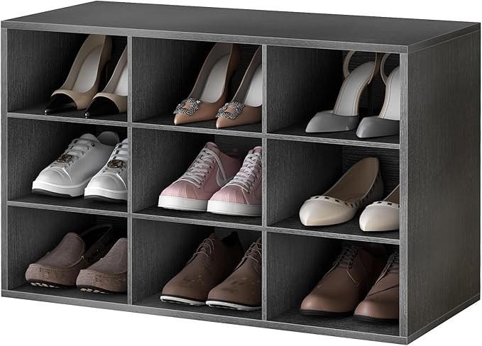 Garden 4 you Shoe Storage Bench, Cubby Shoe Rack with 9 Cubbies, 3-Tier Wood Shoe Rack Organizer, Shoe Organizer Cabinet for Entryway, Hallway, Closet and Garage, Black