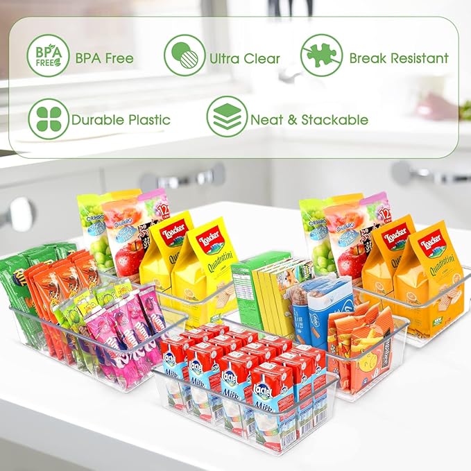 Snack Organizer for Pantry Shelf, 8 Pack Clear Plastic Pantry Storage Bins with 3 Dividers for Snacks, Spices, Chips Food Organizer, Stackable Pantry Organizers for Kitchen, Fridge, Cabinet
