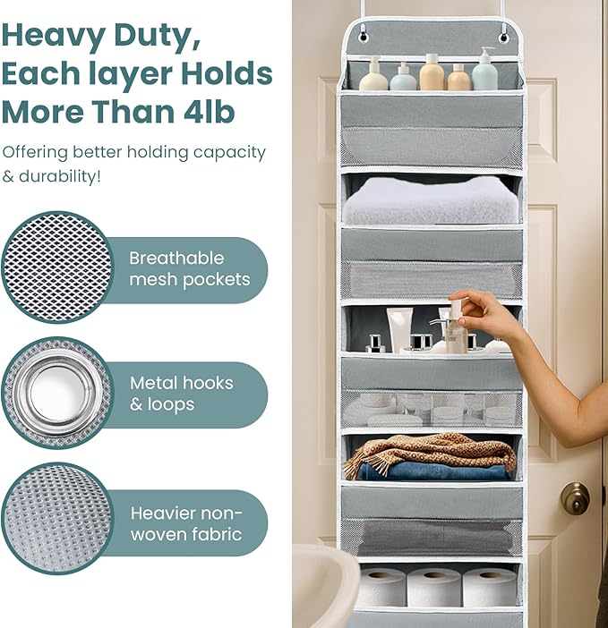 Sturdiness Over The Door Organizer, 5 Shelves & 8 Side Pockets,Anti Tilt Hanging Behind Door Storage, Heavy-Duty Reinforced Mesh Rack Holds 44lb for Bathroom,Pantry, Nursery,Closet, Shoes, Towels