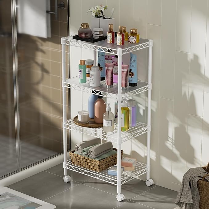 Golpart Small 4 Tier Shelves Storage Wire Shelving Unit Metal Shelf Adjustable Organizers Storage Shelving with Wheels for Bathroom Laundry Room Kitchen Pantry12”D x 18”W x 44.8”H White