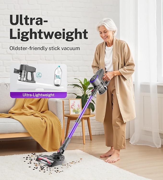 DEVOAC Cordless Vacuum Cleaner, Ultra-Lightweight Stick Vacuum, 2200mAh Battery Up to 40mins Runtime, 6 in 1 Powerful Handheld Vacuum for Home Hard Floor Carpet Pet Hair (Purple)