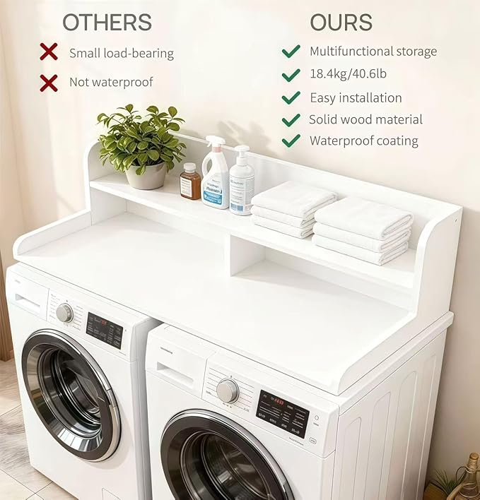 NAT Maya 2-Tier Washer and Dryer Countertop, 54" W x 27.6" D Laundry Room Organization,Washer Dryer Topper Storage for Folding Clothes Over Washer and Dryer-White