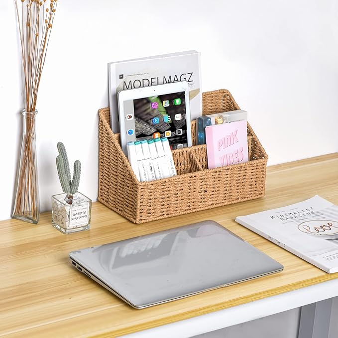 Woven Mail Organizer Countertop, 12 Inch Mail Organizer Basket for Bill and Pen, Farmhouse Desk organizers and storage