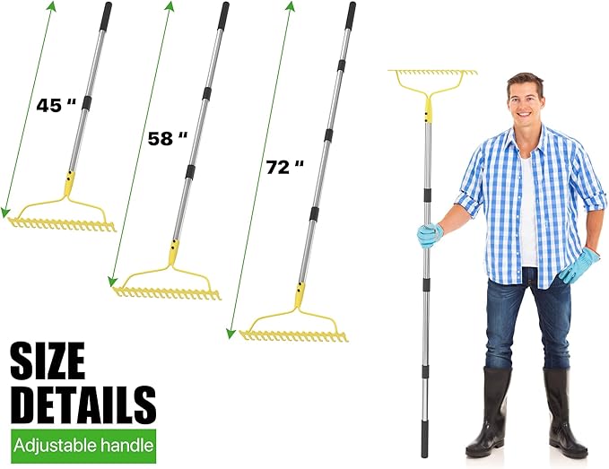 Garden Rakes for Lawns Heavy Duty, 6 FT Bow Rake for Leaves, 17-Tines Metal Rake with Stainless Steel Handle for Yard Leveling, Landscape, Loosening Soil, Yellow