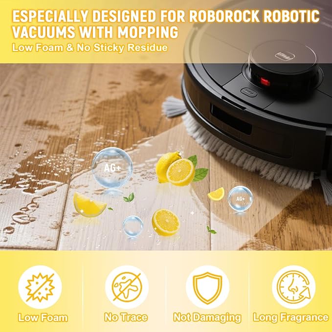 Floor Cleaning Solution Compatible with Roborock Robot Vacuum and Mop Cleaner (Qrevo/Q7/Q10/Saros 10R), Deep Clean For Multiple Hard Floor, Suitable for All Robot Vacuum With Mopping (Lemon)
