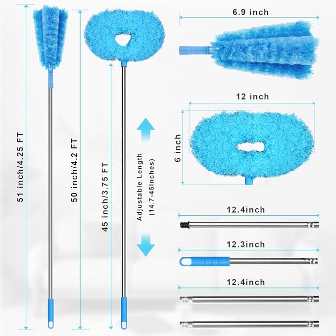Eunice 13-49.7 Inches Ceiling Fan Duster with Extension Pole, 4-Claw and Round Heads, Adjustable and Removable Fan Cleaner Blade for High Ceiling, Window Door Furniture (Blue)