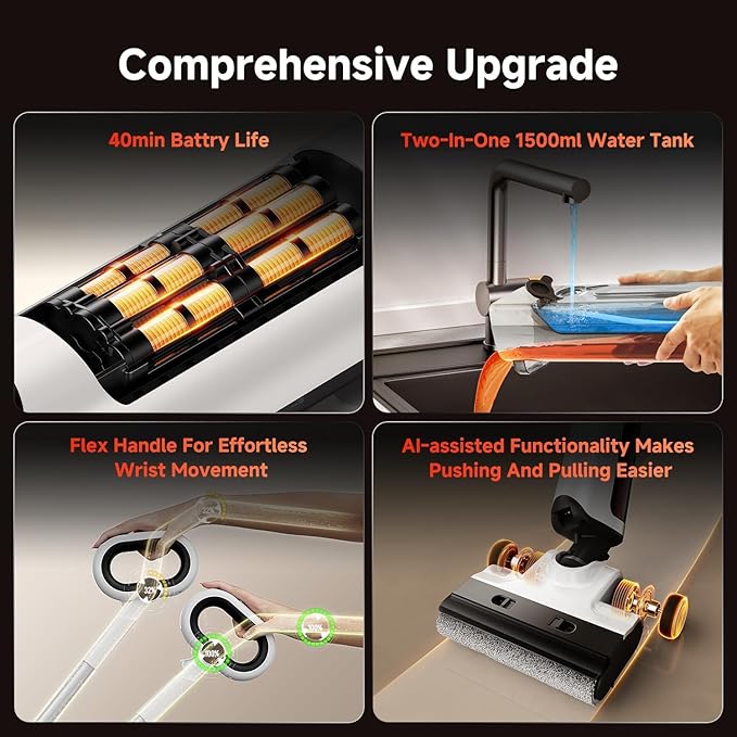 uwant Wet Dry Vacuum Cleaner 180°Lay-Flat Push-in Vacuum Mop All in One with 18000Pa Suction Auto Self-Cleaning Anti Odor Stick Dual-Edge Vacuum Cleaner Set of 1 for Hard Floor/Carpet D100