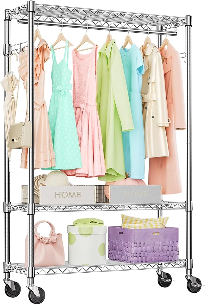 IZEUK Heavy Duty Rolling Garment Rack Wire Clothes Rack for Hanging Clothes (Chrome, 3 Tier with 2 Rod, 15.7" D x 45.3" W x 75.6" H)