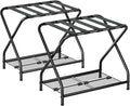 Set of 2 Foldable Black Luggage Rack Stands with Storage Shelves – Heavy Duty Metal Holders, 150 lbs Top, 50 lbs Bottom Each, Fits 20”-28” Luggage – Guest Room, Bedroom, Hotel LR-BK-2