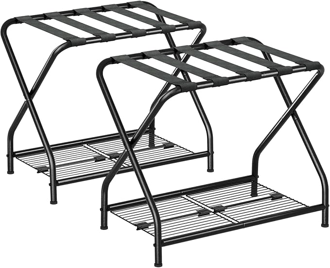 Set of 2 Foldable Black Luggage Rack Stands with Storage Shelves – Heavy Duty Metal Holders, 150 lbs Top, 50 lbs Bottom Each, Fits 20”-28” Luggage – Guest Room, Bedroom, Hotel LR-BK-2