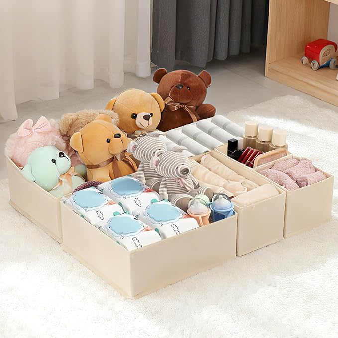 Drawer Organizer Clothes, 16 Pack Dresser Organizer Bins, Foldable Closet Organizers and Storage Fabric Dresser Bins, Shallow Drawer Dividers for Clothing, Underwears, Socks, Tie