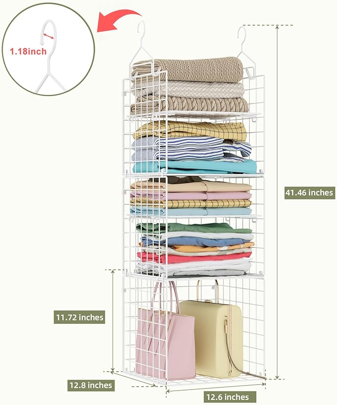 X-cosrack Closet Hanging Organizer and Storage - 5 Tier Hanging Shelves, Wire Closet Shelf Organizer Basket with Adjustable Dividers for Home Clothing Sweaters Shoes Handbags