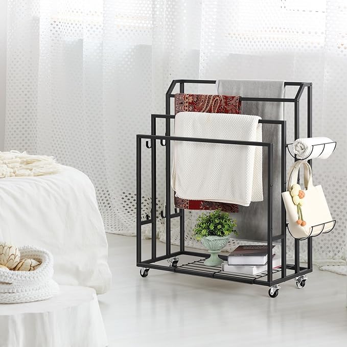 Towel Rack for Bathroom Freestanding Towel Holder Stand Black Blanket Holder for Floor Large Towel Cart with Wheels, Storage Shelves, 6 Metal Hooks for Bathroom, Pool, Living Room