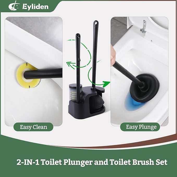 Eyliden Disposable Toilet Brush and Plunger Combo | 2-in-1 Toilet Bowl Wand Kit - 10 Count Pre-Soaked Refill Heads, 3-Step Plunger, Storage Holder - Compact Toilet Cleaning System, Black